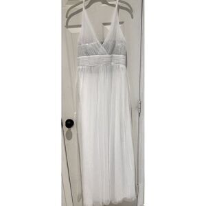 Christina Wu White Tulle Gown with Silver Sequins V Neck Sleeveless New SZ 16